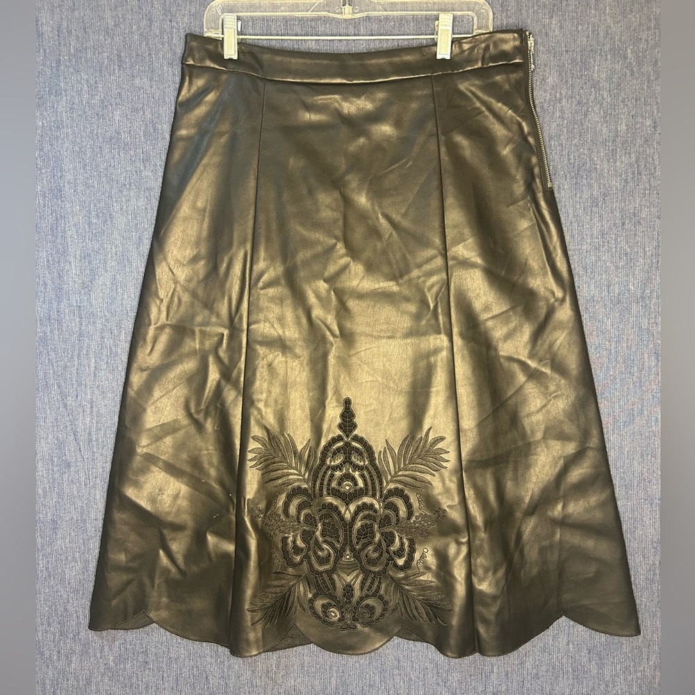 Karen Kane Black Faux Leather A-Line Skirt with Embroidered Motif